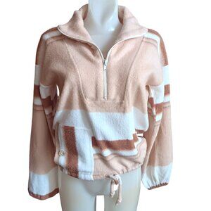 Medium Vintage Fleece Pullover 1970's Peach White Striped Half-Zip Drawstring